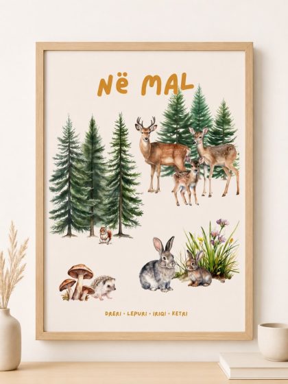 Poster për fëmijë – Në mal: Dreri dhe lepujt
