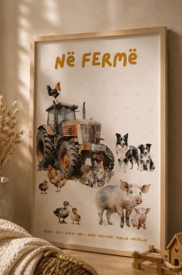 Poster për fëmijë – Në fermë: Traktori dhe kafshët e oborrit