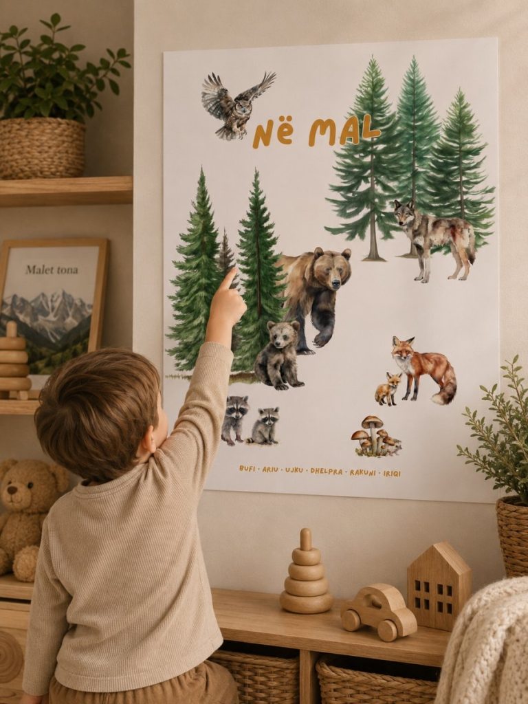 Poster për fëmijë – Në mal: Ariu dhe kafshët e pyllit · 2